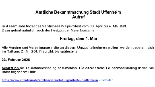 Aufruf zum Walpurgiumzug 2026